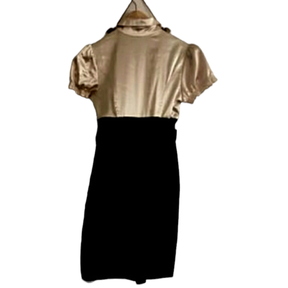 Faux Skirt and Blouse Look Knee Length Dress in Tan Satin & Black size 8 - Picture 3 of 10